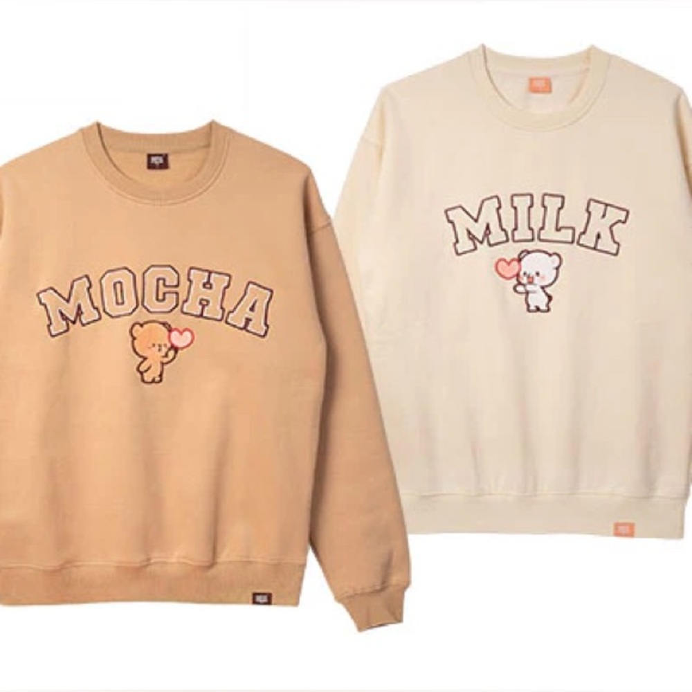 Matching milk and mocha bear varsity embroidered crewnecks from official site